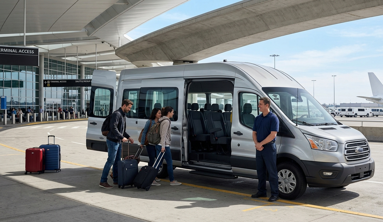 Shared shuttle minibus departing Brussels Airport for the city centre